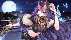 Rule 34 | 1girl, bracelet, breasts, bug, butterfly, butterfly tattoo, cityscape, cowboy shot, eyewear on head, full moon, fur trim, hat, highres, holding, holding sword, holding weapon, horns, indie virtual youtuber, insect, jewelry, large breasts, latex, leaning forward, long hair, looking away, moon, nail polish, navel, night, oni horns, orange sekaii, parted lips, purple hair, red eyes, skin tight, sky, solo, star (sky), starry sky, sword, tattoo, very long hair, virtual youtuber, weapon