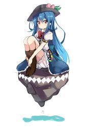 Rule 34 | 1girl, amano kouki, black hat, bloomers, blue hair, blue skirt, blush, boots, bow, bowler hat, bowtie, brown footwear, commentary request, floating rock, food, fruit, full body, hair between eyes, hat, hat ornament, highres, hinanawi tenshi, knee boots, knees up, long hair, looking at viewer, own hands together, peach, puffy short sleeves, puffy sleeves, red bow, red bowtie, red eyes, shirt, short sleeves, simple background, sketch, skirt, solo, tareme, touhou, underwear, upskirt, v arms, very long hair, white background, white shirt