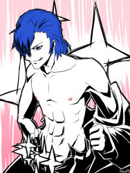 Rule 34 | 10s, 1boy, abs, blue eyes, blue hair, censored, hair over one eye, hair slicked back, kill la kill, licking lips, male focus, matching hair/eyes, mikisugi aikurou, navel, novelty censor, off shoulder, open fly, unworn shirt, short hair, shuu (xshuu), solo, tongue, tongue out, undressing, unzipped