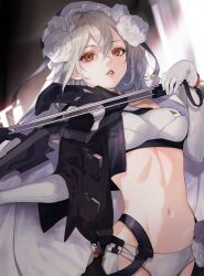 Rule 34 | 1girl, absurdres, bare shoulders, breasts, commentary, crop top, elbow gloves, flower, gloves, goddess of victory: nikke, grey hair, groin, hair between eyes, hair flower, hair ornament, highres, holding, holding instrument, holding violin, instrument, julia (nikke), looking at viewer, medium breasts, micro shorts, midriff, music, navel, nitrochang, parted lips, playing instrument, red eyes, red lips, rose, shirt, short hair, shorts, sidelocks, sleeveless, sleeveless shirt, solo, standing, symbol-only commentary, veil, violin, white flower, white gloves, white rose, white shirt, white shorts