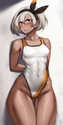 Rule 34 | 1girl, abs, arms behind back, bea (pokemon), blush, breasts, covered navel, cowboy shot, creatures (company), dark-skinned female, dark skin, game freak, grey eyes, groin, hairband, highres, nintendo, one-piece swimsuit, pokemon, pokemon swsh, roresu, short hair, silver hair, skin tight, small breasts, solo, sweat, swimsuit, thick eyebrows, thick thighs, thigh gap, thighs, toned, towel, v-shaped eyebrows, wide hips