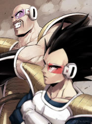 Rule 34 | 2boys, armor, bald, black eyes, black hair, blurry, blurry foreground, closed mouth, commentary request, crossed arms, dragon ball, dragonball z, gloves, kamimura (gin cpu), male focus, multiple boys, muscular, nappa, scouter, teeth, vegeta, watermark, white gloves