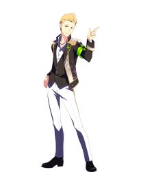 Rule 34 | 1boy, black footwear, blonde hair, buttons, full body, highres, idolmaster, idolmaster side-m, idolmaster side-m growing stars, ijuuin hokuto, jewelry, long sleeves, male focus, necklace, official alternate costume, official art, pants, smile, solo, transparent background, white pants