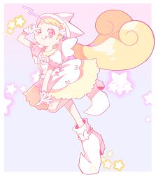 Rule 34 | 1girl, blonde hair, blush, boots, border, commentary, dress, earrings, english commentary, full body, gloves, hand up, hat, high heels, highres, jewelry, knee boots, lisuchi, long hair, looking at viewer, low twintails, magical girl, makihatayama hana, ojamajo doremi, pointy footwear, puffy short sleeves, puffy sleeves, short sleeves, smile, solo, standing, standing on one leg, star (symbol), tongue, tongue out, twintails, v over eye, very long hair, white border, white dress, white footwear, white gloves, white hat, white wings, wing hair ornament, wings