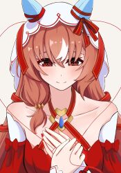 Rule 34 | 1girl, animal ears, blush, breasts, brown hair, collarbone, detached sleeves, hair between eyes, hair ornament, hand on own chest, heart, highres, horse ears, horse girl, looking at viewer, rbxlaifjzlilxep, red eyes, simple background, small breasts, smile, solo, still in love (umamusume), umamusume, veil, white background