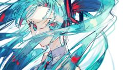 Rule 34 | 1girl, aqua eyes, aqua hair, aqua necktie, blouse, commentary request, grey shirt, hatsune miku, headphones, highres, long hair, looking at viewer, multicolored eyes, multicolored hair, nakaba (mode), necktie, portrait, red eyes, red hair, shirt, simple background, solo, twintails, very long hair, vocaloid, white background