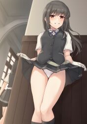 Rule 34 | 2girls, black hair, black skirt, black socks, black vest, blue ribbon, blush, brown eyes, buttons, clothes lift, collared shirt, commission, feet out of frame, gloves, grin, hayashio (kancolle), highres, k jie, kantai collection, kneehighs, lifting own clothes, long hair, multiple girls, neck ribbon, oyashio (kancolle), panties, pixiv commission, pleated skirt, ribbon, shirt, short sleeves, skirt, skirt lift, smile, socks, solo focus, underwear, vest, white gloves, white panties, white shirt