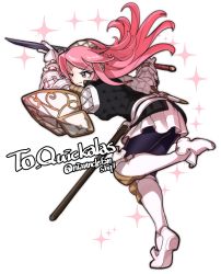 Rule 34 | 1girl, boots, dagger, fire emblem, fire emblem fates, full body, gambeson, gloves, hairband, highres, holding, holding sword, holding weapon, knife, long hair, nintendo, one eye closed, pink eyes, pink hair, sbql (niaunclefan), sheath, shield, soleil (fire emblem), solo, sword, thigh boots, thighhighs, twitter username, weapon, white background, white hairband