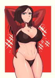 Rule 34 | 1girl, abs, akutsu (demodori), arms behind head, arms up, black bra, black hair, black panties, blouse, blue eyes, bra, breasts, cleavage, closed mouth, commentary, cowboy shot, frown, girls und panzer, half-closed eyes, highleg, highleg panties, large breasts, long hair, long sleeves, looking at viewer, muscular, muscular female, navel, no pants, nonna (girls und panzer), open clothes, open shirt, outside border, panties, red background, red shirt, shirt, solo, sparkle, standing, string panties, swept bangs, turtleneck, underwear