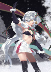 Rule 34 | 1girl, ahoge, armpits, bandeau, bell, black gloves, black thighhighs, blurry, bow, capelet, closed mouth, contrapposto, depth of field, elbow gloves, eyebrows, eyelashes, fate/grand order, fate (series), flat chest, fur trim, gloves, hair bow, hair ribbon, hand up, headpiece, holding, jeanne d&#039;arc (fate), jeanne d&#039;arc alter (fate), jeanne d&#039;arc alter santa lily (fate), karasu-san (syh3iua83), legs apart, lipstick, long hair, looking at viewer, makeup, midriff, miniskirt, pleated skirt, pom pom (clothes), ribbon, ribs, skirt, solo, standing, stomach, strapless, striped bow, striped ribbon, thighhighs, very long hair, water, white hair, white skirt, wrist cuffs, yellow eyes