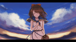 Rule 34 | 10s, 1girl, artist request, bag, blue capelet, blue sky, bow, braid, brown hair, capelet, closed eyes, cloud, day, dress, facing viewer, handbag, letterboxed, lost song, outdoors, red bow, rin (lost song), sky, smile, solo, standing, white dress