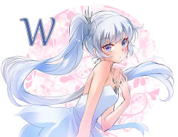 Rule 34 | 1girl, bare shoulders, blue eyes, dress, earrings, highres, iesupa, jewelry, long hair, necklace, pendant, rwby, scar, scar across eye, scar on face, side ponytail, solo, strapless, strapless dress, tiara, weiss schnee, white dress, white hair