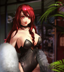 Rule 34 | 1girl, breasts, choker, drill hair, esther shen, fur trim, kirijou mitsuru, large breasts, lingerie, lipstick, long hair, looking to the side, makeup, persona, persona 3, plant, red eyes, red hair, smile, solo, underwear