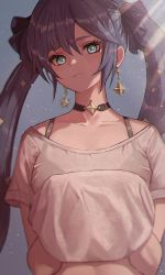 Rule 34 | 1girl, alternate costume, blue eyes, blurry, bra strap, choker, closed mouth, clothes lift, collarbone, contemporary, depth of field, earrings, eyebrows hidden by hair, genshin impact, hair between eyes, hair ribbon, highres, jewelry, lifted by self, light smile, long hair, looking at viewer, mona (genshin impact), moth1, purple hair, ribbon, shirt, shirt lift, solo, t-shirt, twintails, upper body, white shirt