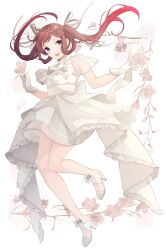 Rule 34 | 1girl, alternate costume, asagumo (kancolle), blush, border, brown hair, buttons, dress, flower, full body, gloves, gradient hair, grey eyes, hair ribbon, high heels, highres, kantai collection, long hair, multicolored hair, open mouth, red hair, ribbon, shakemi (sake mgmgmg), short sleeves, simple background, smile, solo, twintails, white background, white border, white dress, white footwear, white gloves, white ribbon