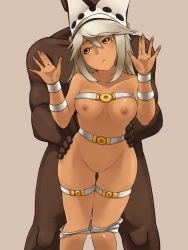 Rule 34 | 1boy, 1girl, against wall, belt, belt bra, bra, bra lift, breasts, clothes pull, dark-skinned female, dark-skinned male, dark nipples, dark skin, faceless, faceless male, grabbing, grabbing from behind, guilty gear, guilty gear xrd, hands on another&#039;s hips, hat, hetero, highres, imminent penetration, interracial, long hair, nipples, orange eyes, ramlethal valentine, sakushin, short shorts, shorts, shorts pull, silver hair, solo focus, thigh strap, torso grab, underboob, underwear