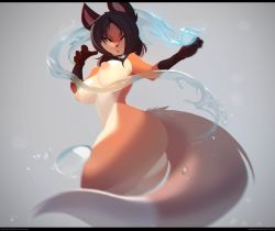 Rule 34 | 1girl, animal ears, black fur, black hair, breasts, collar, commentary, dog tags, element bending, english commentary, fox ears, fox girl, fox tail, furry, furry female, highres, hydrokinesis, kanel, large breasts, letterboxed, looking back, medium hair, nipples, nude, one eye closed, orange fur, original, puffy nipples, snout, solo, tail, thick thighs, thighs, water, watermark, web address