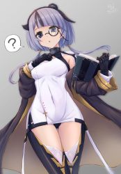 Rule 34 | 1girl, :o, ?, armpit cutout, asymmetrical hair, azur lane, bearn (azur lane), black hair, book, boots, breasts, clothing cutout, coat, covered navel, dot nose, holding, holding book, medium breasts, monocle, multicolored hair, off shoulder, panties, purple eyes, purple hair, signature, skin tight, solo, speech bubble, spoken question mark, thigh boots, thighhighs, twitter username, underwear, waa! okami