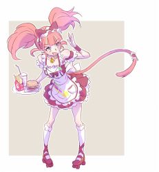 Rule 34 | 1girl, animal ears, apron, aqua eyes, bell, neck bell, cat ears, cat tail, cheese, collar, commentary, cup, disposable cup, fang, fang out, food, french fries, full body, burger, iesupa, maid apron, maid headdress, neon katt, orange hair, roller skates, rwby, short twintails, skates, socks, soda, solo, tail, twintails, waitress, wristband