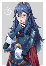 Rule 34 | 1girl, ?, ameno (a meno0), armor, belt, black sweater, blue eyes, blue gloves, blue hair, blush, border, brown belt, cape, crossed bangs, elbow gloves, fingerless gloves, fingernails, fire emblem, fire emblem awakening, gloves, grey background, hair between eyes, hand on own face, long hair, long sleeves, looking at viewer, lucina (fire emblem), nintendo, outside border, pauldrons, red cape, ribbed sweater, shoulder armor, simple background, solo, sweater, tiara, turtleneck, turtleneck sweater, white border
