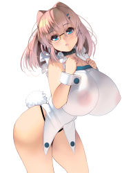 Rule 34 | 1girl, absurdres, animal ears, apron, black panties, blue eyes, blush, breasts, brown hair, buttons, covered erect nipples, fake animal ears, glasses, hair ornament, hairclip, highleg, highleg panties, highres, huge breasts, kouno (masao), looking at viewer, medium hair, original, panties, parted lips, rabbit tail, rimless eyewear, see-through, simple background, solo, tail, underwear, white apron, white background, wrist cuffs