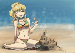 Rule 34 | 1girl, :d, arm behind back, barefoot, beach, bikini, blonde hair, blurry, blurry background, breasts, brown hair, cleavage, closed eyes, collarbone, front-tie bikini top, front-tie top, hair ornament, hair scrunchie, high ponytail, idolmaster, idolmaster cinderella girls, jewelry, konjima, lens flare, long hair, md5 mismatch, medium breasts, necklace, ohtsuki yui, open mouth, orange scrunchie, outdoors, resolution mismatch, ribbon, sand castle, sand sculpture, scrunchie, smile, solo, source larger, string bikini, striped bikini, striped clothes, swimsuit, w, white ribbon