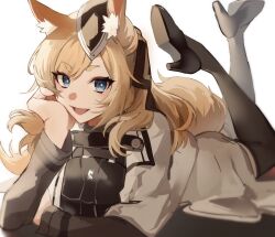 Rule 34 | 1girl, :d, animal ear fluff, animal ears, arknights, black footwear, black hat, black thighhighs, blonde hair, commentary request, garrison cap, goma 74umai, hat, high heels, highres, horse ears, horse girl, horse tail, jacket, legs up, long hair, long sleeves, looking at viewer, lying, on stomach, open mouth, shoe soles, short eyebrows, simple background, smile, solo, tail, thick eyebrows, thighhighs, whislash (arknights), white background, white jacket