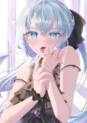 Rule 34 | 1girl, absurdres, bare shoulders, black bow, blue eyes, bow, braid, breasts, fate/grand order, fate (series), french braid, grey hair, hair bow, highres, large breasts, long hair, looking at viewer, morgan le fay (fate), noneko127, open mouth, ponytail, sidelocks, solo, very long hair