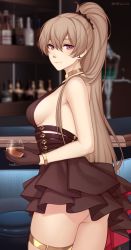 Rule 34 | 1girl, artist name, ass, azur lane, backless dress, backless outfit, bad id, bad pixiv id, bare shoulders, black gloves, blurry, blurry background, breasts, brown hair, commentary request, commission, dress, earrings, from side, glass, gloves, hair between eyes, highres, indoors, jean bart (azur lane), jean bart (uninhibited bloodstone) (azur lane), jewelry, long hair, looking at viewer, official alternate costume, ponytail, red eyes, shellvi, sideboob, smile, solo