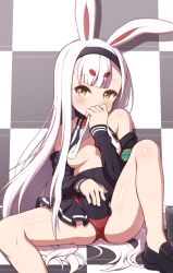 Rule 34 | 1girl, animal ears, ass, azur lane, bikini, bikini bottom only, black footwear, black jacket, black skirt, blush, breasts, brown eyes, checkered background, checkered floor, clothes lift, covering own mouth, hairband, hand on own stomach, hand to own mouth, highres, jacket, knee up, legs, lifted by self, long hair, looking at viewer, off shoulder, rabbit ears, red bikini, shimakaze (azur lane), shirt, shirt lift, shoes, sitting, sizque, skirt, small breasts, solo, spread legs, swimsuit, swimsuit over clothes, thighs, very long hair, white hair, white shirt