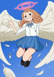 Rule 34 | 1girl, angel wings, black eyes, blue bow, blue bowtie, blue skirt, blush, bow, bowtie, brown hair, fictional persona, flying sweatdrops, grin, halo, hand up, highres, loafers, looking at viewer, miniskirt, original, osame, shirt, shoes, skirt, smile, solo, waving, white shirt, white wings, wings