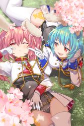 Rule 34 | 2girls, ;&lt;, animal ears, armband, blue hair, breasts, cherry blossoms, chiester410, chiester45, chiester sisters, fang, flower, gloves, grass, hair flower, hair ornament, highres, kamaboko red, long hair, looking at another, multiple girls, one eye closed, pink hair, rabbit ears, red eyes, short hair, showgirl skirt, sleepy, thighhighs, twintails, umineko no naku koro ni