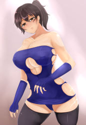Rule 34 | 10s, 1girl, backless dress, backless outfit, bad id, bare shoulders, blue dress, blush, bodycon, breasts, brown eyes, brown hair, cleavage, covered erect nipples, dress, fingerless gloves, gloves, gradient background, highres, hip vent, huge breasts, kaga (kancolle), kantai collection, leotard, microdress, minidress, oremenbo, panties, pantyshot, ponytail, revealing clothes, shiny skin, short dress, simple background, skin tight, skindentation, solo, thighhighs, underwear