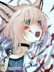 Rule 34 | 1girl, ahoge, animal ear fluff, animal ears, arknights, black choker, blood, blood on clothes, blue eyes, blue shirt, choker, commentary request, fox ears, goma1, grey background, hair between eyes, highres, hood, hood down, hooded jacket, jacket, looking away, material growth, open clothes, open jacket, open mouth, oripathy lesion (arknights), pink hair, shirt, solo, sussurro (arknights), upper body, white jacket