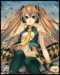 Rule 34 | 1girl, akita neru, argyle, bare shoulders, between breasts, black thighhighs, border, breasts, brown hair, cosplay, flower, fusion, green eyes, hatsune miku, headset, long hair, lvans, midriff, nail polish, navel, necktie, no bra, open clothes, open shirt, orange nails, pleated skirt, shirt, sitting, skirt, solo, thighhighs, twintails, underboob, vocaloid, wind, wristband, yellow necktie