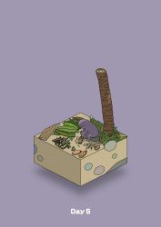 Rule 34 | beach, bitten, commentary request, diorama, firemaking, food, fruit, gozz, highres, holding, holding stick, isometric, leaf, leaning forward, original, palm leaf, purple background, shell, sitting, stick, sweat, tree, wood