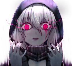 Rule 34 | 10s, 1girl, abyssal ship, black nails, blood, bloody tears, crazy eyes, fang, glowing, glowing eyes, hair between eyes, hood, hoodie, kantai collection, looking at viewer, nail polish, open mouth, portrait, re-class battleship, red eyes, rui rubellent, scarf, short hair, silver hair, simple background, solo, white background