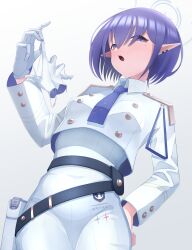 Rule 34 | absurdres, aoi (blue archive), blue archive, blue eyes, breasts, doro9363, dress, gloves, highres, medium breasts, pointy ears, purple hair, short hair, simple background, white background, white dress, white gloves