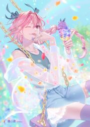 Rule 34 | 1boy, :p, animal-themed food, animal ears, artist name, astolfo (fate), black bow, black thighhighs, blouse, blue skirt, bow, braid, chain, cherry blossoms, denim, denim skirt, fang, fate/apocrypha, fate/grand order, fate (series), flower, food, frilled skirt, frills, gold chain, green tank top, hair bow, hair intakes, highres, holding, holding flower, holding food, ice cream cone, light particles, long hair, looking at viewer, male focus, mikaeri, one eye closed, petals, pink hair, plant, purple eyes, rabbit ears, see-through, see-through shirt, shirt, silk, single braid, sitting, skin fang, skirt, sky, smile, solo, swing, tank top, thighhighs, tongue, tongue out, trap, white shirt