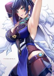 Rule 34 | 1girl, armpits, arms up, blue dress, blue hair, bob cut, braid, breasts, diagonal bangs, dice, dress, earrings, feather-trimmed jacket, fino ko, genshin impact, green eyes, highres, jacket, jewelry, large breasts, looking at viewer, mole, mole on breast, parted lips, patreon username, short hair, sleeveless, sleeveless dress, smile, solo, vision (genshin impact), white background, white jacket, yelan (genshin impact)