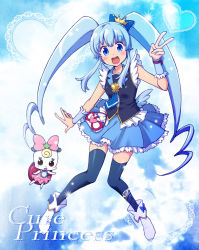 Rule 34 | 10s, 1girl, ayami chiha, blue eyes, blue hair, blue skirt, boots, bow, brooch, character name, crown, cure princess, hair ornament, happinesscharge precure!, heart, heart brooch, jewelry, long hair, magical girl, open mouth, pink bow, precure, ribbon (happinesscharge precure!), shirayuki hime, skirt, smile, thighhighs, twintails, v, wrist cuffs