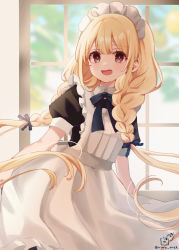 Rule 34 | 1girl, :d, alternate costume, apron, black bow, black dress, blonde hair, blurry, blurry background, bow, braid, brown eyes, collared dress, commentary request, day, depth of field, dress, enmaided, frilled apron, frills, futaba anzu, hair bow, highres, idolmaster, idolmaster cinderella girls, idolmaster cinderella girls starlight stage, indoors, long hair, looking at viewer, low twintails, maid, maid apron, maid headdress, open mouth, puffy short sleeves, puffy sleeves, rino cnc, short sleeves, smile, solo, twin braids, twintails, twitter username, very long hair, white apron, window