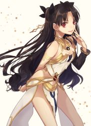 Rule 34 | 1girl, absurdres, arm behind back, armlet, asymmetrical sleeves, bad id, bad twitter id, bare arms, bare legs, bare shoulders, black detached sleeves, black hair, black ribbon, breasts, cleavage, detached sleeves, earrings, fate/grand order, fate (series), female focus, gem, hair ornament, hair ribbon, highres, hino hinako, hoop earrings, ishtar (fate), ishtar (fate), jewelry, leaning, leaning forward, legs, long hair, looking at viewer, neck, neck ring, pelvic curtain, red eyes, revealing clothes, ribbon, side slit, single sleeve, small breasts, smile, solo, standing, strapless, tohsaka rin, two side up, type-moon, uneven sleeves, very long hair