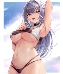 Rule 34 | 1girl, armpits, bikini, blue eyes, breast tattoo, breasts, cleavage, ethel (xenoblade), grey hair, large breasts, leonmandala, long hair, looking at viewer, navel, no bra, panties, saliva, saliva trail, sexually suggestive, simple background, solo, swimsuit, tattoo, tongue, tongue out, underboob, underwear, very long hair, wet, xenoblade chronicles (series), xenoblade chronicles 3