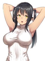 Rule 34 | armpits, arms behind head, arms up, black hair, breasts, covered navel, elf, elf (houtengeki), hair over breasts, hair ribbon, houtengeki, large breasts, long hair, open mouth, original, pointy ears, ribbed sweater, ribbon, shirt, sidelocks, simple background, sleeveless, sleeveless turtleneck, solo, sweater, sweater vest, turtleneck, twintails, white background, yellow eyes