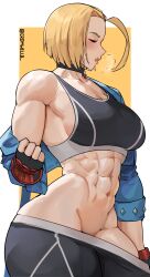 Rule 34 | 1girl, abs, absurdres, antenna hair, artist name, belt, black choker, black gloves, black sports bra, blonde hair, blue jacket, blush, breasts, cammy white, choker, clenched hand, closed eyes, closed mouth, clothes pull, collarbone, cromwellb, cropped jacket, fingerless gloves, gloves, gradient background, groin, hand up, heavy breathing, highres, jacket, jacket partially removed, large breasts, lips, midriff, muscular, muscular female, navel, no panties, pants, pants pull, parted lips, pendant choker, pulled by self, short hair, sideboob, single vambrace, sleeves past elbows, solo, sports bra, street fighter, street fighter 6, thick thighs, thighs, tight clothes, tight pants, twitter username, undressing, vambraces, white background, zipper