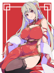 Rule 34 | 1girl, absurdres, artist name, breasts, brown thighhighs, character request, china dress, chinese clothes, cleavage, cleavage cutout, closed mouth, clothing cutout, copyright request, dated, double bun, dress, hair bun, hair ornament, hair ribbon, highres, kichihachi, large breasts, long hair, looking at viewer, red background, red dress, red eyes, red ribbon, ribbon, sitting, smile, solo, thighhighs, thighs, virtual youtuber