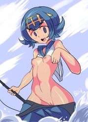 Rule 34 | 1girl, bigdead, blue hair, breasts, cleft of venus, clothing aside, creatures (company), female focus, game freak, highres, lana (pokemon), looking at viewer, nintendo, nipples, nude, one-piece swimsuit, pokemon, pokemon sm, pussy, short hair, sky, small breasts, smile, swimsuit, swimsuit aside, uncensored, water