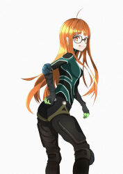 Rule 34 | 1girl, absurdres, bodysuit, breasts, glasses, hand on own ass, highres, looking back, medium breasts, orange eyes, orange hair, persona, persona 5, persona 5 the royal, s-m-53413, sakura futaba, tongue, tongue out, white background