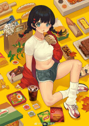 Rule 34 | 1girl, 2023, :o, absurdres, arm support, autumn, bag, bag of chips, black hair, blue eyes, blue shorts, blunt bangs, blush, bow, braid, branch, bread, breasts, burger, cake, cardigan, chicken nuggets, chips (food), coffee, cropped shirt, crossed ankles, dolphin shorts, doughnut, fiodo, fish, flower, food, food on face, fried egg, from above, full body, gold osmanthus, hair bow, hair ornament, hairclip, hand up, highres, holding, holding food, jewelry, knee up, kneehighs, leaf, long hair, looking at viewer, loose socks, low twin braids, maple leaf, medium breasts, navel, necklace, noodles, off shoulder, on ground, onigiri, open cardigan, open clothes, original, paper bag, pizza, pizza box, potato chips, red bow, red cardigan, red footwear, sauce, shirt, shoes, shopping bag, short shorts, short sleeves, shorts, single off shoulder, sitting, sneakers, socks, solo, stomach, sweet potato, t-shirt, twin braids, weibo logo, weibo watermark, white flower, white shirt, white socks, yellow background, yellow flower